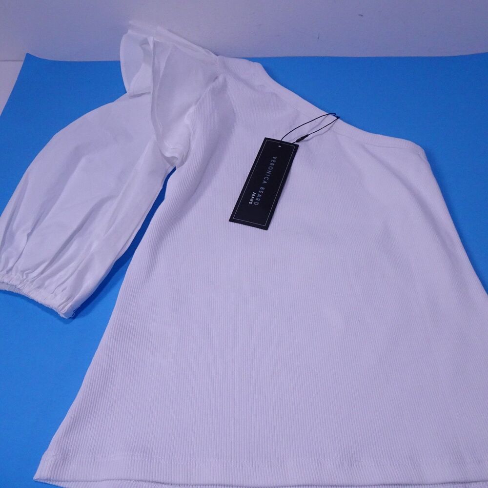 NWT Veronica Beard White One-Shoulder Ruffle Puff-Sleeve Top - Picture 7 of 7